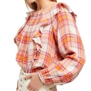 Free People Pink and Orange Plaid Blouse